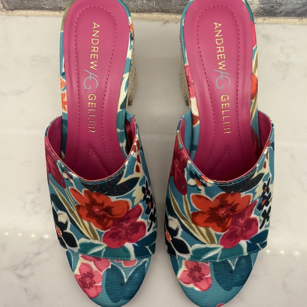 Floral Sandals Block Heel Shoes Slip On Andrew Geller Womens Burnette Size 7M - Picture 3 of 8